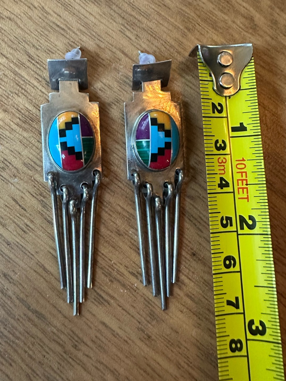 Handmade Vintage Zuni Sterling Silver & Multicolor Inlaid Stones Earrings Signed - Picture 4 of 8